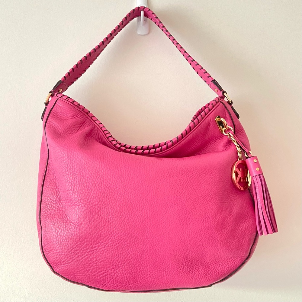 Michael Michael Kors Leather Bennett Whipstitch Tassel Fuchsia Hobo Shoulder Bag
